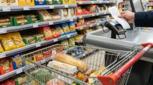 Carrello della spesa alla cassa del supermercato con scontrino e alimenti, simbolo dei rincari dei prezzi