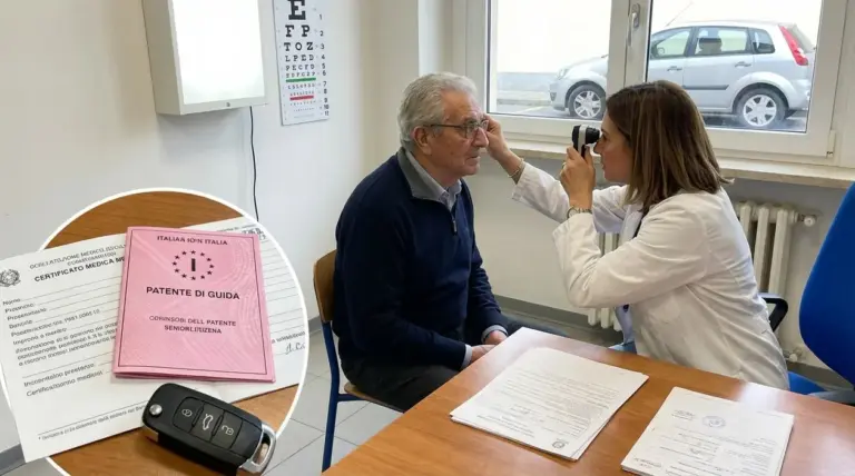 Anziano durante una visita oculistica per il rinnovo della patente con medico e documenti sul tavolo