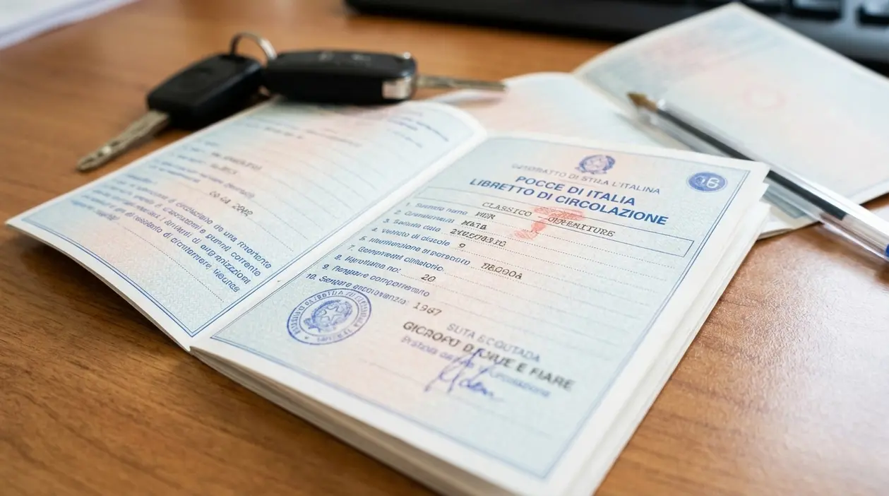 Libretto di circolazione aperto su un tavolo con chiavi dell’auto, simbolo da controllare per evitare multe