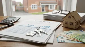 Documenti di mutuo con chiavi di casa, calcolatrice e banconote su un tavolo, simbolo dei tassi variabili