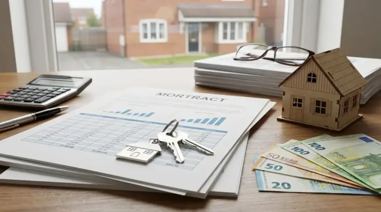 Documenti di mutuo con chiavi di casa, calcolatrice e banconote su un tavolo, simbolo dei tassi variabili