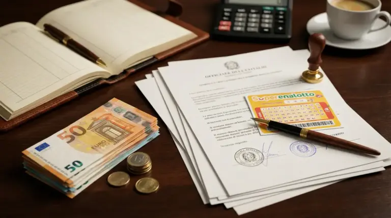 Biglietto del Superenalotto, documenti notarili e contanti su una scrivania