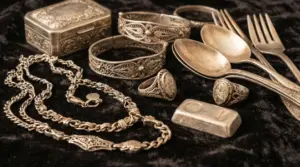 Vecchi oggetti e gioielli d’argento usati, tra collane, anelli, posate e un piccolo lingotto