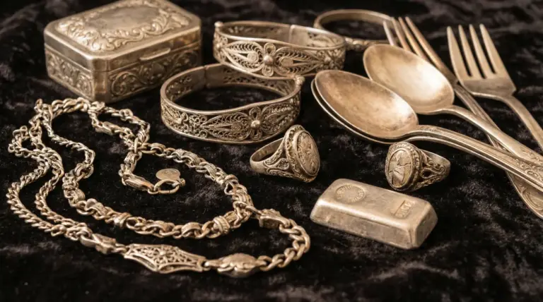 Vecchi oggetti e gioielli d’argento usati, tra collane, anelli, posate e un piccolo lingotto