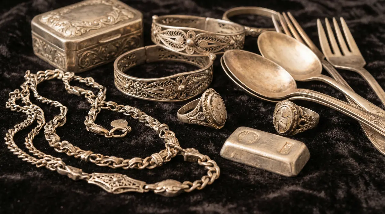 Vecchi oggetti e gioielli d’argento usati, tra collane, anelli, posate e un piccolo lingotto