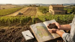 Terreno agricolo con vigneti, casale, trattore e mani che mostrano il suolo accanto a una mappa dei campi