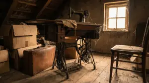 Vecchia macchina da cucire Singer in una soffitta polverosa con scatoloni, valigia e sedia di legno