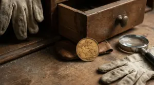 Vecchia sterlina d’oro trovata in un cassetto, accanto a lente d’ingrandimento e guanti su un tavolo di legno