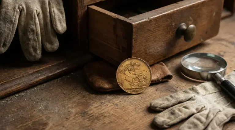 Vecchia sterlina d’oro trovata in un cassetto, accanto a lente d’ingrandimento e guanti su un tavolo di legno