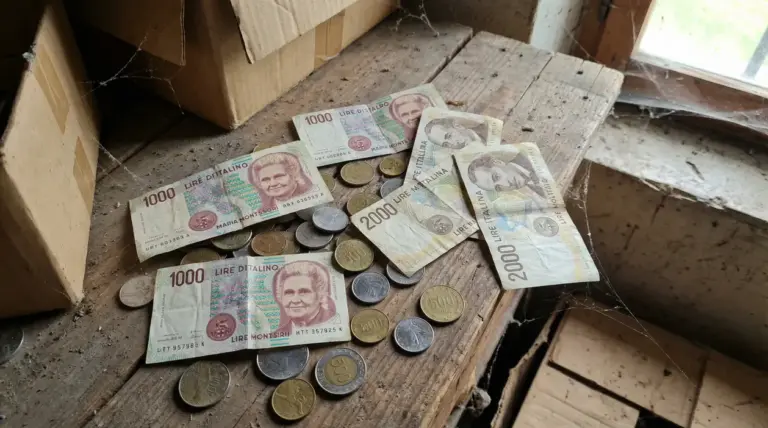 Vecchie lire italiane, banconote e monete, ritrovate su un tavolo impolverato in soffitta