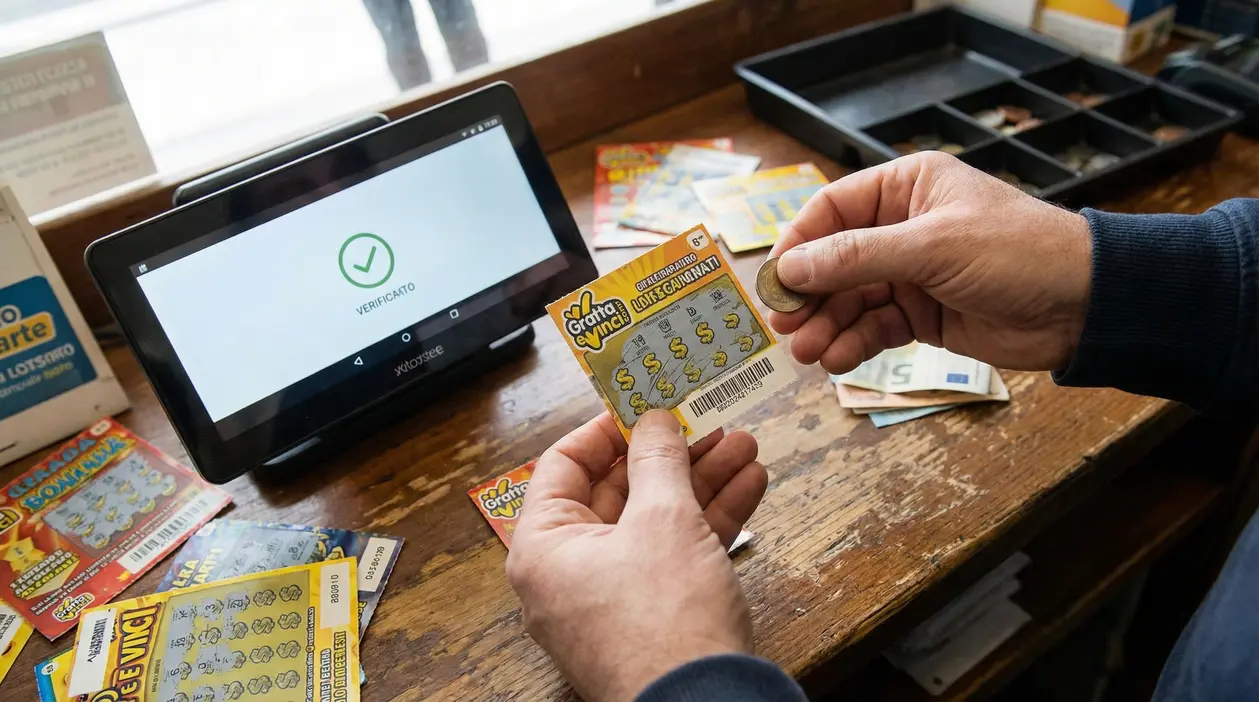 Persona controlla un biglietto Gratta e Vinci al banco di una tabaccheria con verifica elettronica